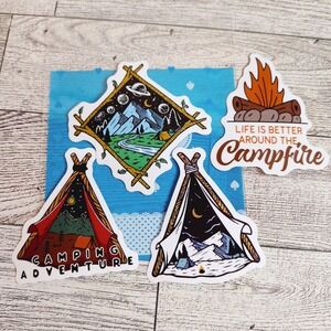 Camping‎ Stickers 4pcs Die Cut Nature Adventure Outdoorsy Theme Tee Pee Campfire